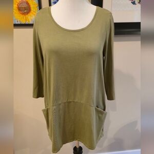 J Jill Olive Green Women's Tunic 3/4 Sleeve Tee with Pockets